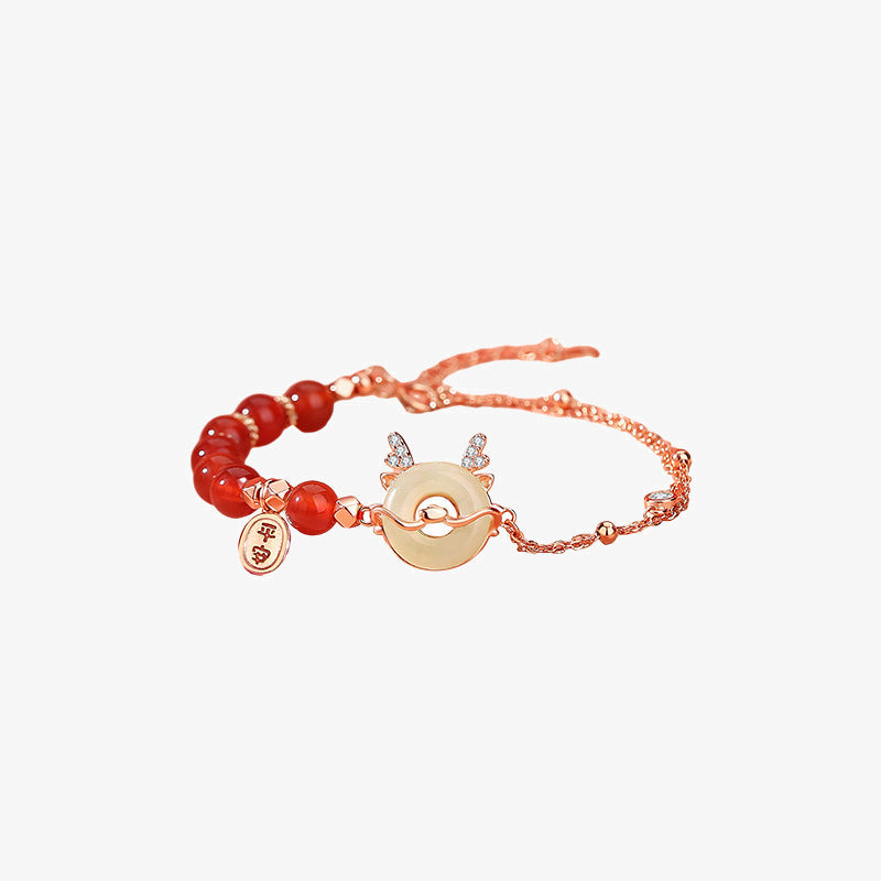 KarmaRipple's 925 Sterling Silver Year of the Dragon Authentic Red Agate Hetian Jade Peace Buckle Fortune Success Bracelet ( p5