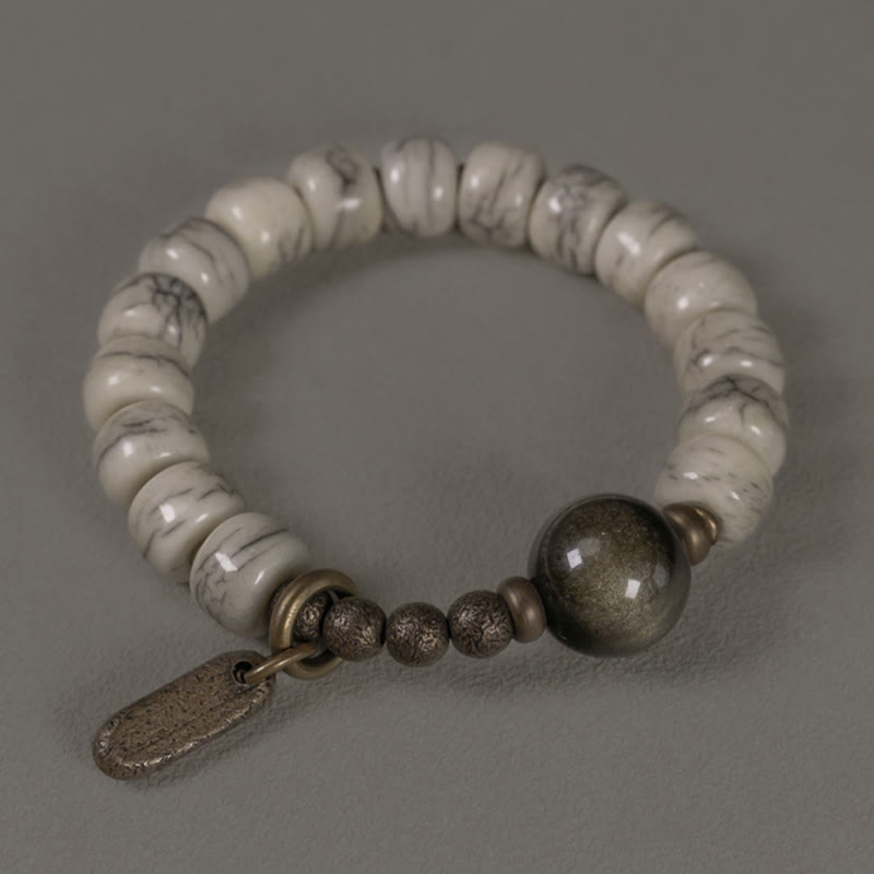 KarmaRipple's Tibetan Yak Bone Gold Sheen Obsidian Brass Bead Strength Bracelet p7