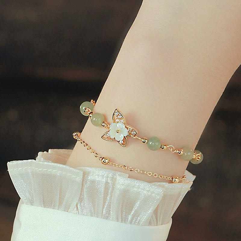 KarmaRipple's 14K Gold Plated Jade Butterfly Tridacna Stone Flower Double Layer Fortune Bracelet p6