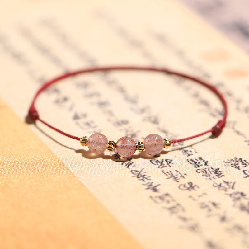 KarmaRipple's Authentic Strawberry Quartz Gemstone Love Red String Weave Bracelet Anklet ( p26