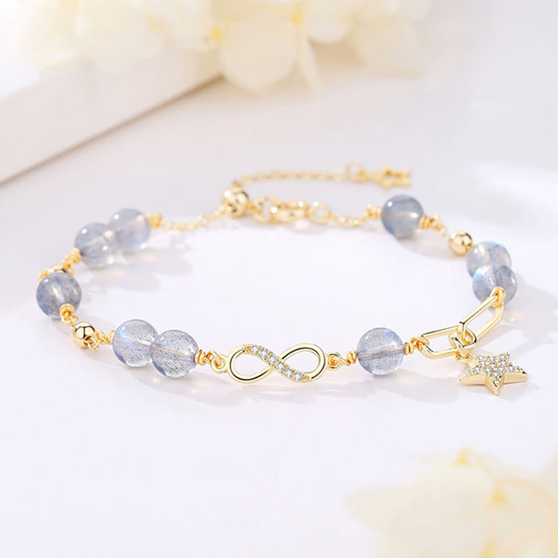 KarmaRipple's 14K Gold Plated Authentic Strawberry Quartz Moonstone M?bius Loop Eternal Love Star Positive Bracelet p17
