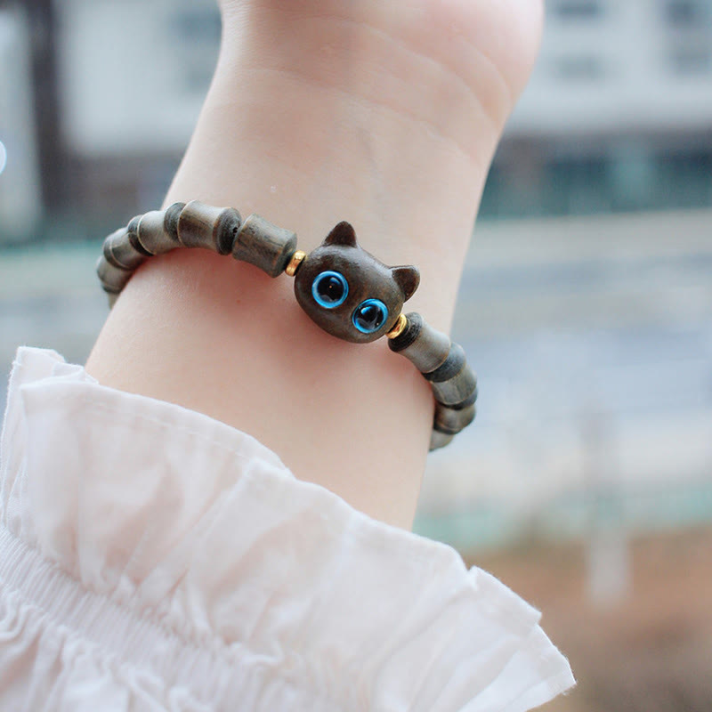 KarmaRipple's Ebony Wood Green Sandalwood Cute Cat Peace Bracelet p7