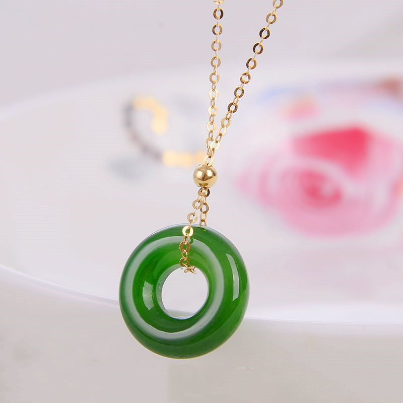 KarmaRipple's Round Cyan Jade Balancing 14K Gold Pendant Necklace p4