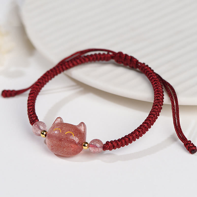 KarmaRipple's Handmade Authentic Silver Sheen Obsidian Strawberry Quartz Cute Cat Protection Woven Bracelet p11