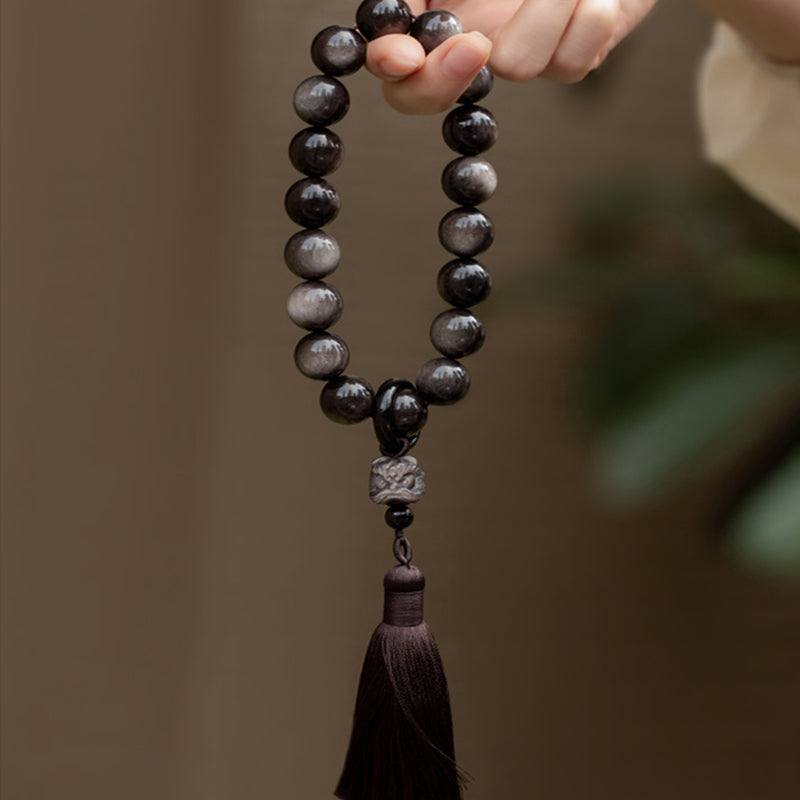 KarmaRipple's Authentic Silver Sheen Obsidian Black Obsidian Lion Wrist Mala Protection Tassels Pocket Mala Car Decoration p8