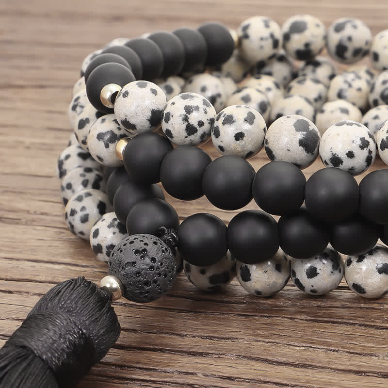 KarmaRipple's 108 Mala Beadwork Zebra Jasper Frosted Stone Protection Tassel Bracelet ( p9