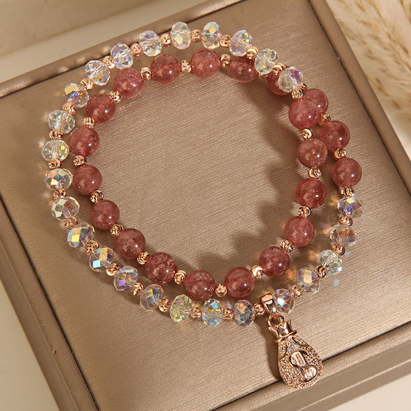 KarmaRipple's Strawberry Quartz Ivory Gemstone Money Bag Talisman Positive Bracelet p10