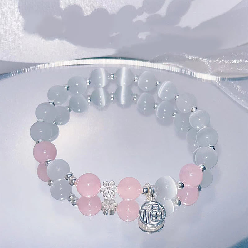 KarmaRipple's Cat's Eye Gemstone Peach Blossom Bell Fu Character Talisman Support Bracelet p9