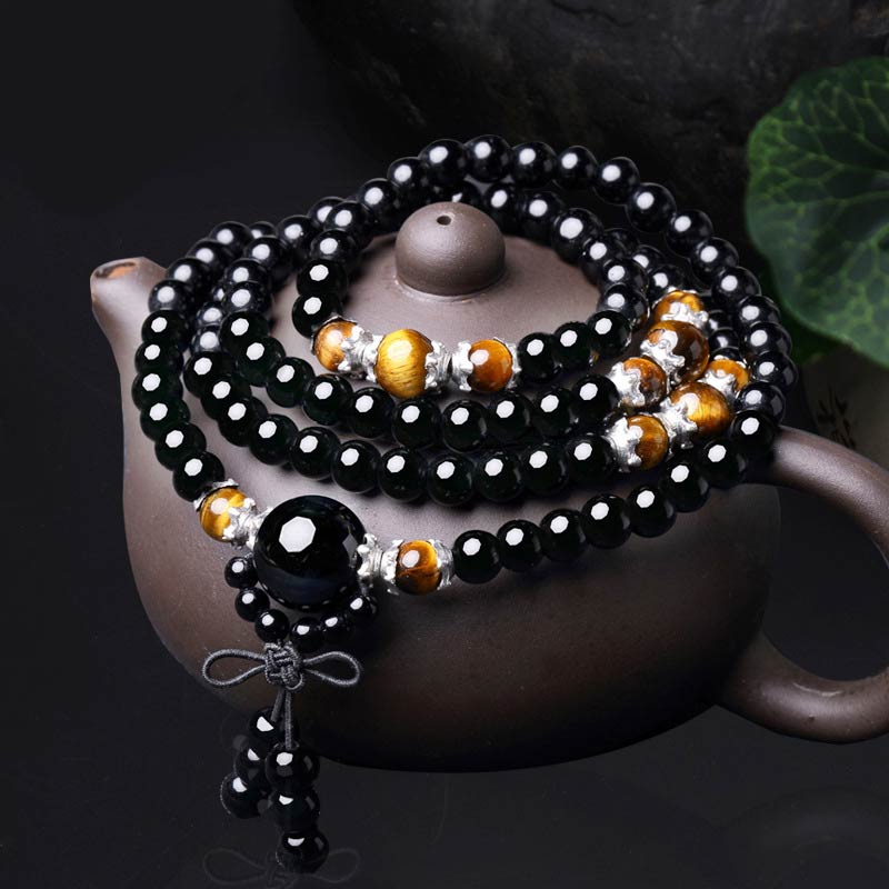 KarmaRipple's 108 Beadwork Authentic Black Obsidian Tiger Eye Mala Bracelet p1