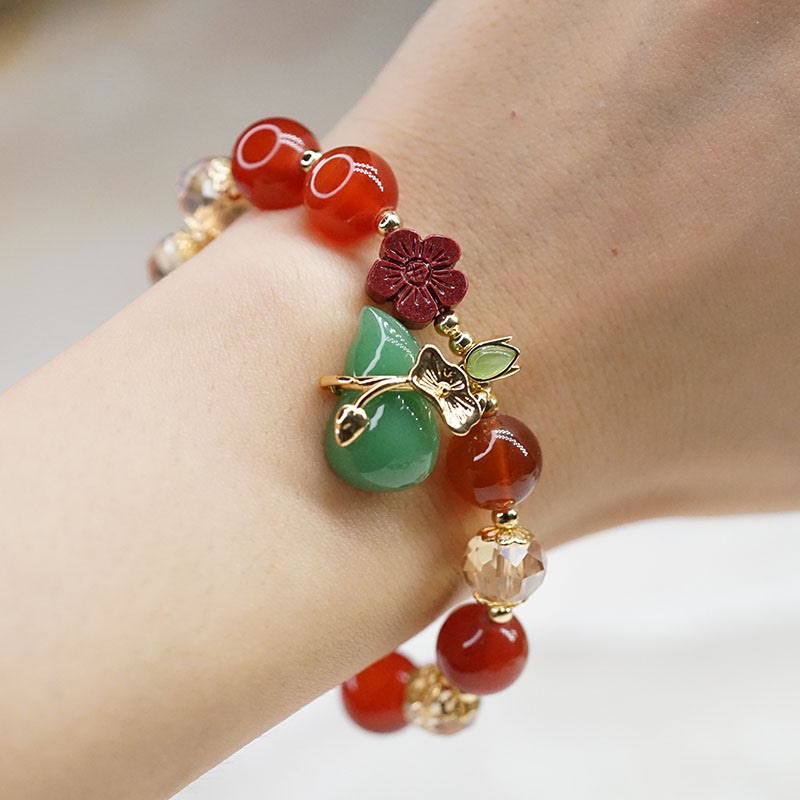 KarmaRipple's Authentic Red Agate Green Agate Gourd Cinnabar Flower Beadwork Confidence Bracelet p14