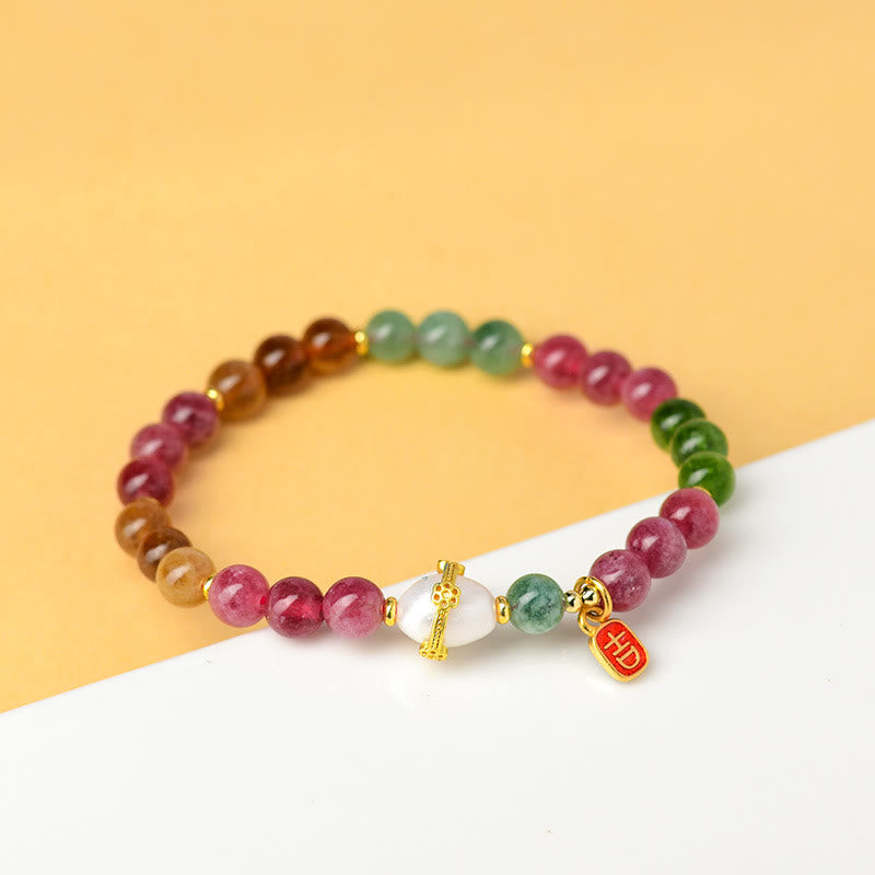 KarmaRipple's Authentic Multicolored Tourmaline Pearl Auspicious Character Talisman Wisdom Bracelet p5