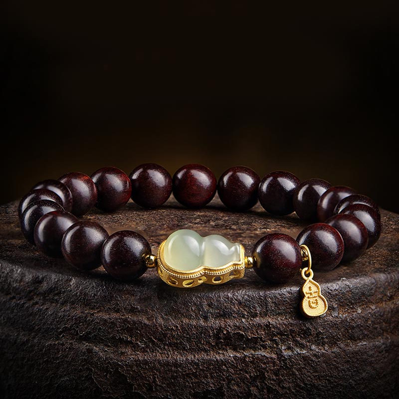 KarmaRipple's Small Leaf Red Sandalwood Gourd Jade Calm Relaxation Bracelet p20