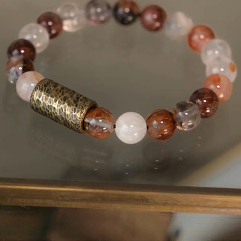 KarmaRipple's Ivory Gemstone Red Hematoid Quartz Gold Rutilated Quartz Purple Phantom Protection Bracelet p16
