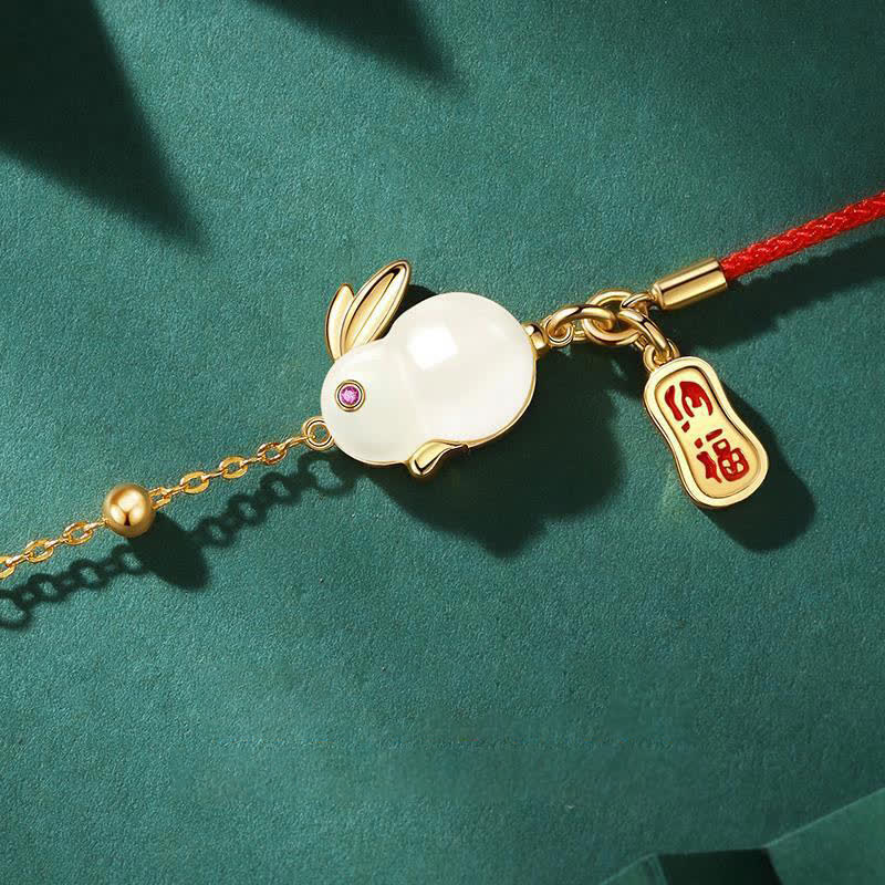 KarmaRipple's Year of the Rabbit Ivory Jade Happiness Red String Chain Bracelet p3