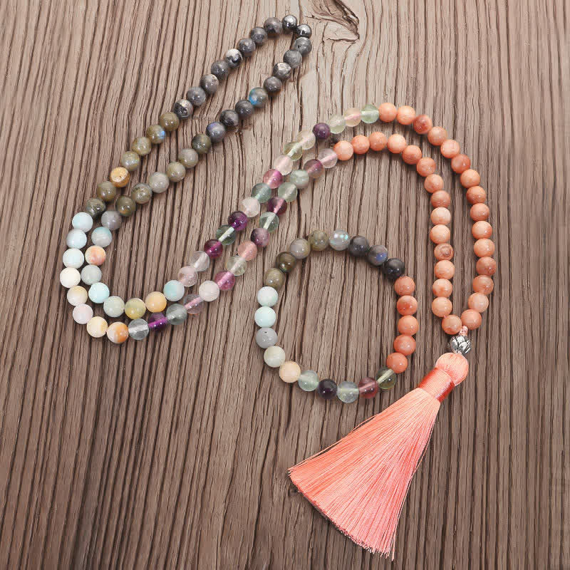 KarmaRipple's 108 Mala Beadwork Fluorite Black Glitter Stone Protection Tassel Bracelet ( p6