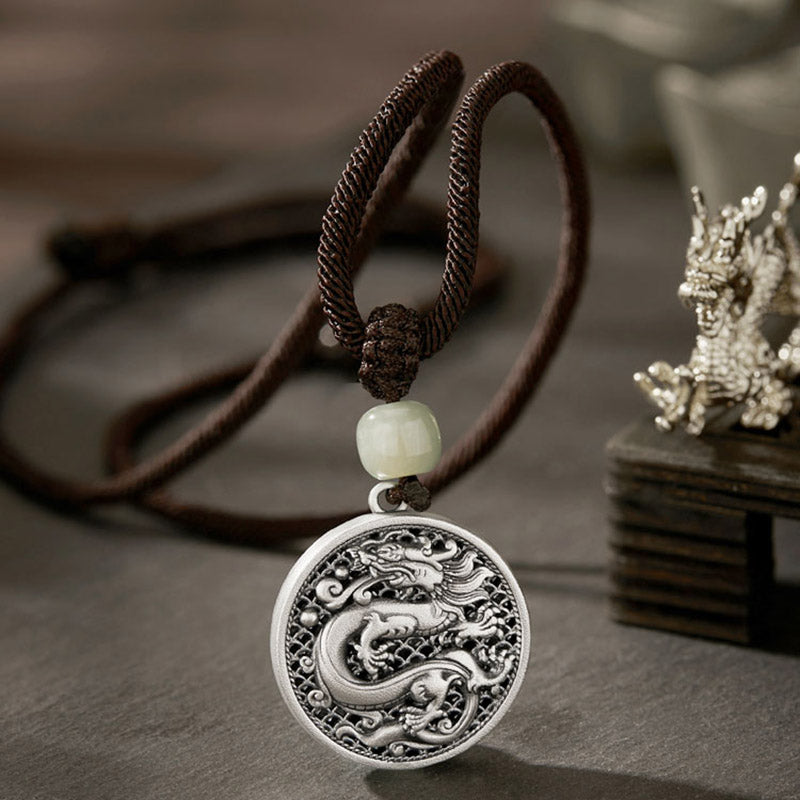 KarmaRipple's 999 Sterling Silver Year of the Dragon Fu Character Hetian Jade Success Pendant Necklace p1