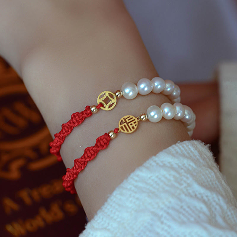 KarmaRipple's 14K Gold Plated Pearl Bead Fortune Protection Braid Red String Bracelet p7