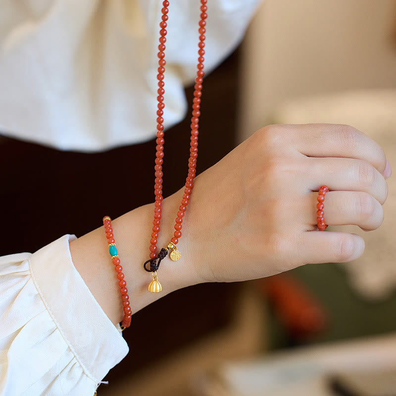 KarmaRipple's 925 Sterling Silver Plated Gold Authentic Red Agate Turquoise Confidence Bracelet Pendant Necklace Ring Set p1
