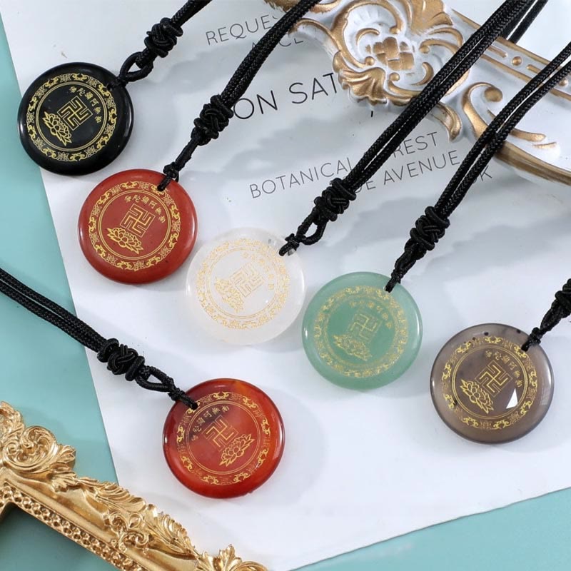 KarmaRipple's Swastika Lotus Pattern Authentic Various Gemstone Black Obsidian Purification Pendant Necklace p38