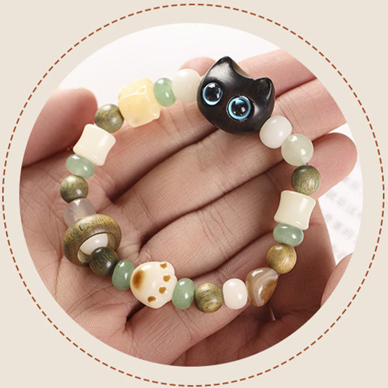 KarmaRipple's Bodhi Seed Green Sandalwood Ebony Wood Small Leaf Red Sandalwood Cat Head Paw Claw Peace Bracelet p10