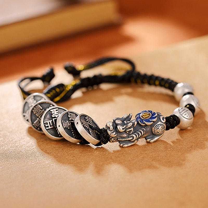KarmaRipple's 999 Sterling Silver FengShui PiXiu Bronze Coin Fu Character Wealth Woven Bracelet p7