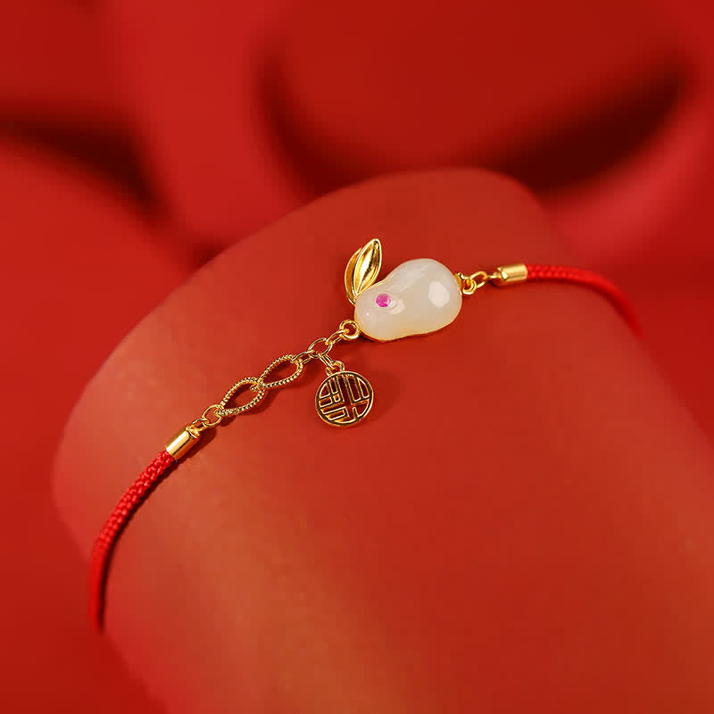 KarmaRipple's 925 Sterling Silver Year of the Rabbit Hetian Ivory Jade Fortune Blessing Red String Bracelet p4