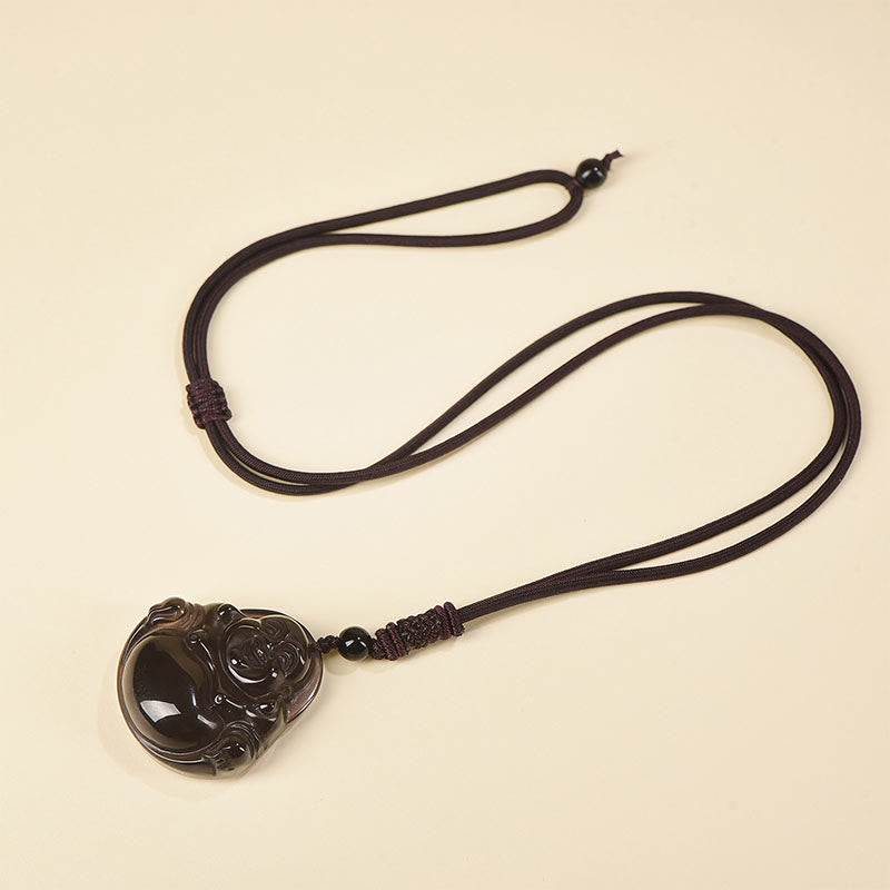 KarmaRipple's Authentic Black Obsidian Ice Obsidian Laughing Buddha Purification Pendant Necklace p10