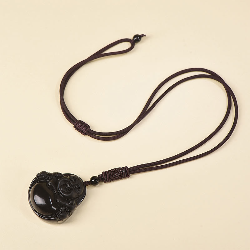 KarmaRipple's Authentic Black Obsidian Ice Obsidian Laughing Buddha Purification Pendant Necklace p6