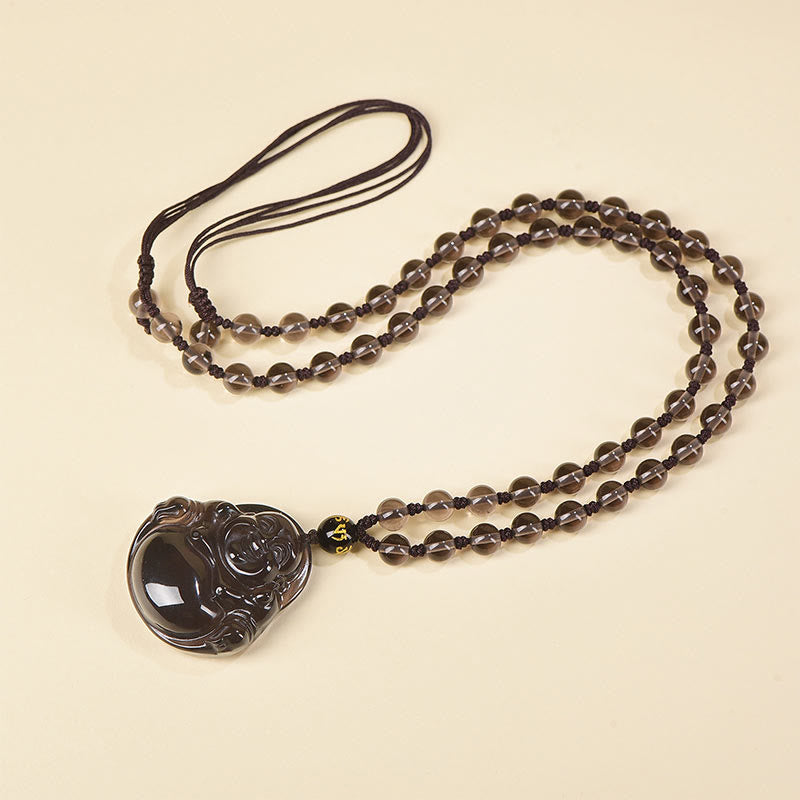 KarmaRipple's Authentic Black Obsidian Ice Obsidian Laughing Buddha Purification Pendant Necklace p23