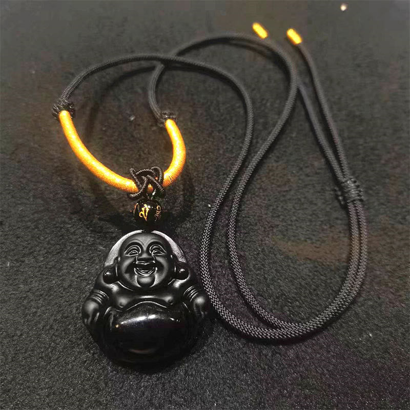 KarmaRipple's Authentic Black Obsidian Ice Obsidian Laughing Buddha Purification Pendant Necklace p8