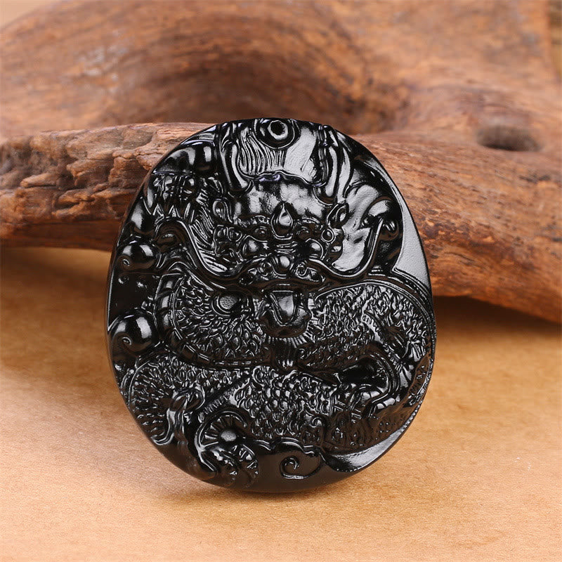 KarmaRipple's Authentic Black Obsidian Round Dragon Carved Protection Pendant Necklace p2