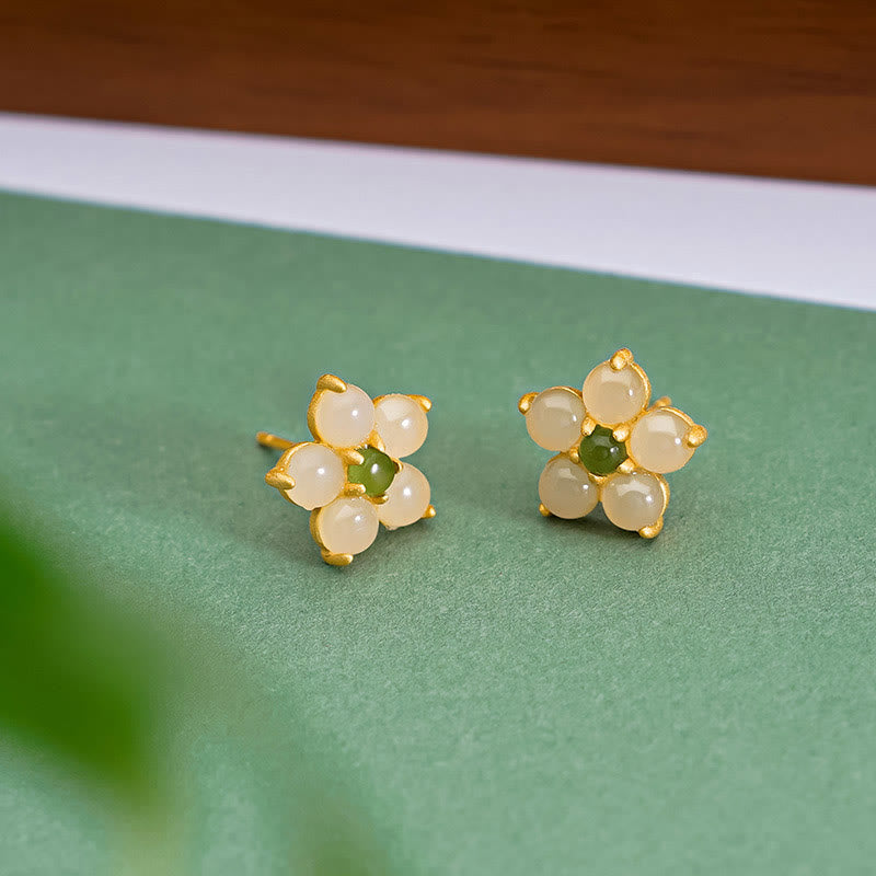 KarmaRipple's 925 Sterling Silver Hetian Jade Fortune Flower Stud Earrings p4