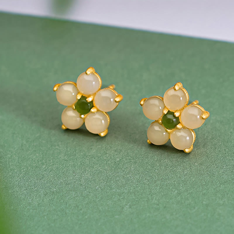 KarmaRipple's 925 Sterling Silver Hetian Jade Fortune Flower Stud Earrings p2