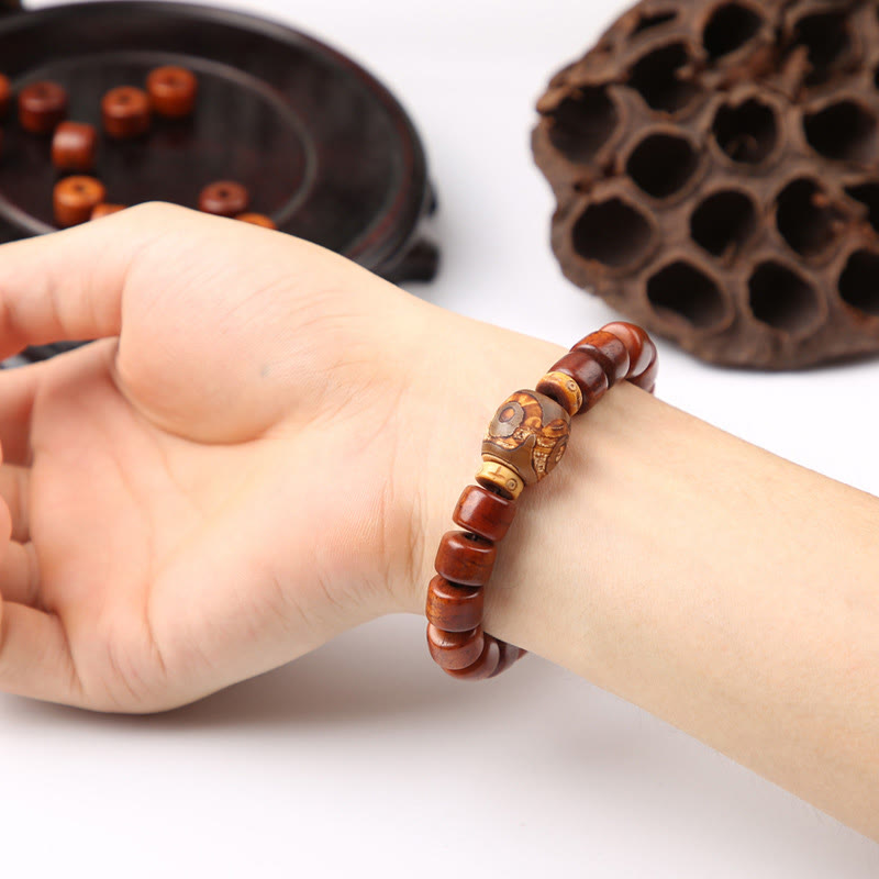 KarmaRipple's Tibetan Yak Bone Three-Eyed Dzi Bead Sheep Horn Red Agate Strength Bracelet p11