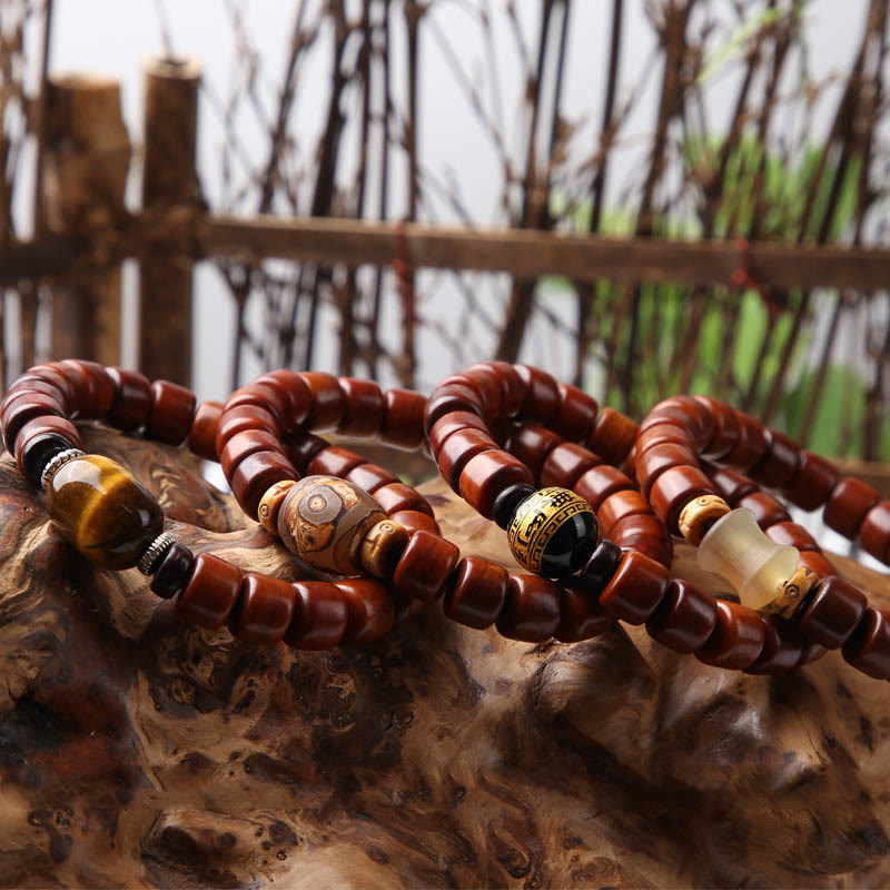 KarmaRipple's Tibetan Yak Bone Three-Eyed Dzi Bead Sheep Horn Red Agate Strength Bracelet p29