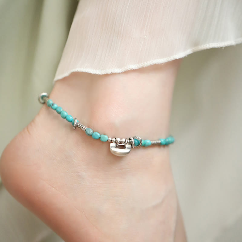 KarmaRipple's 925 Sterling Silver Turquoise Small Beadwork Chinese Lock Talisman Strength Anklet p5