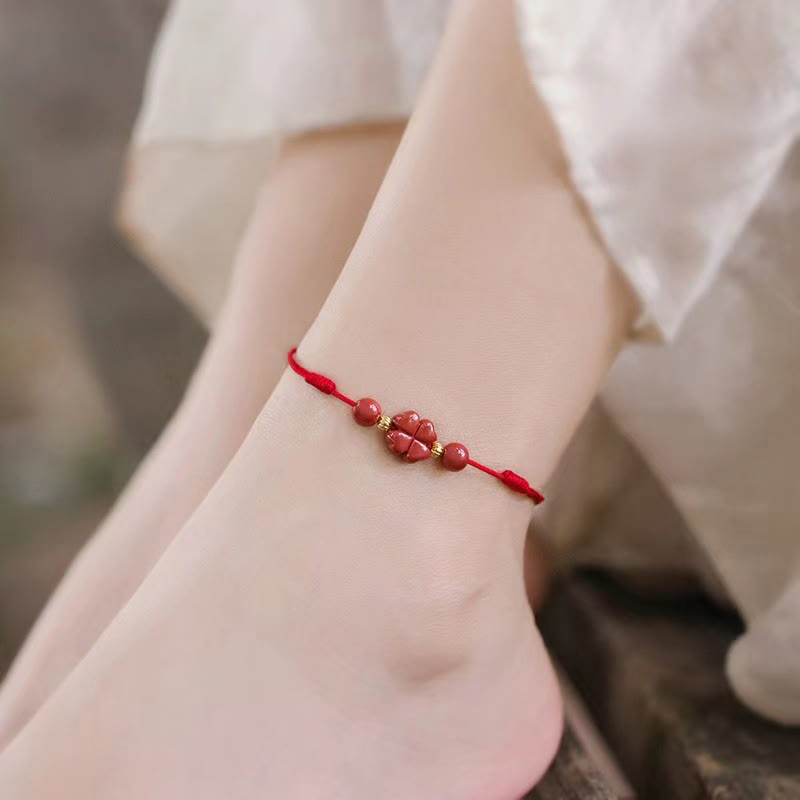 KarmaRipple's Cinnabar Four Leaf Clover Blessing String Rope Anklet p1
