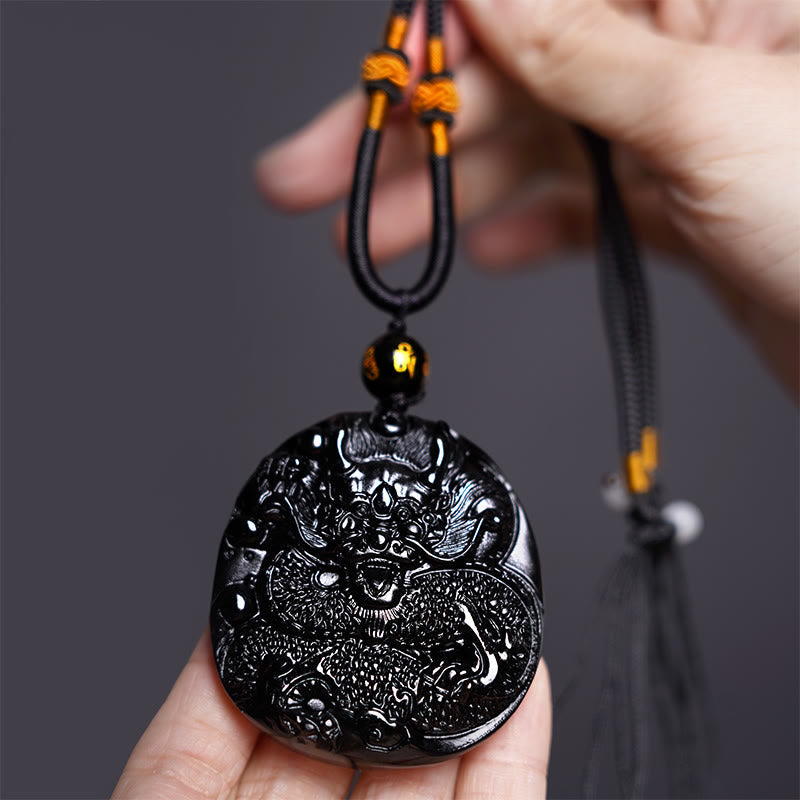 KarmaRipple's Authentic Black Obsidian Round Dragon Carved Protection Pendant Necklace p3