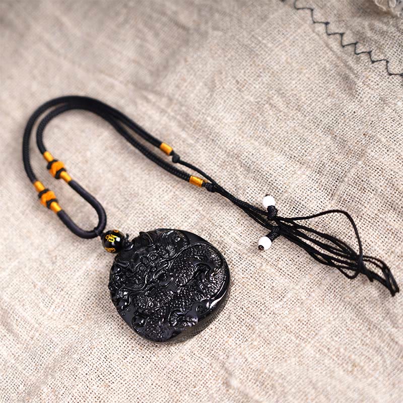 KarmaRipple's Authentic Black Obsidian Round Dragon Carved Protection Pendant Necklace p7