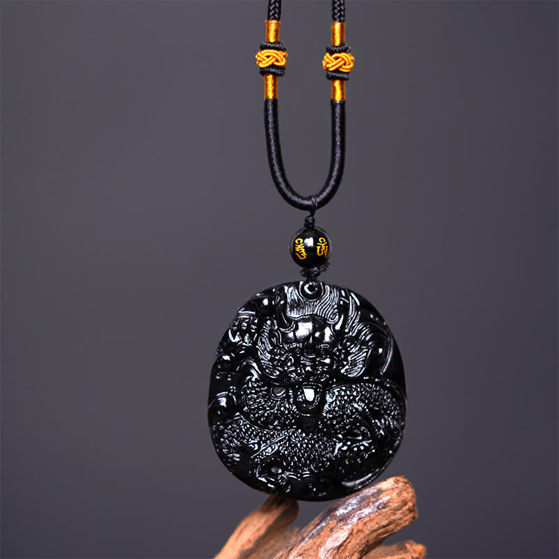 KarmaRipple's Authentic Black Obsidian Round Dragon Carved Protection Pendant Necklace p4