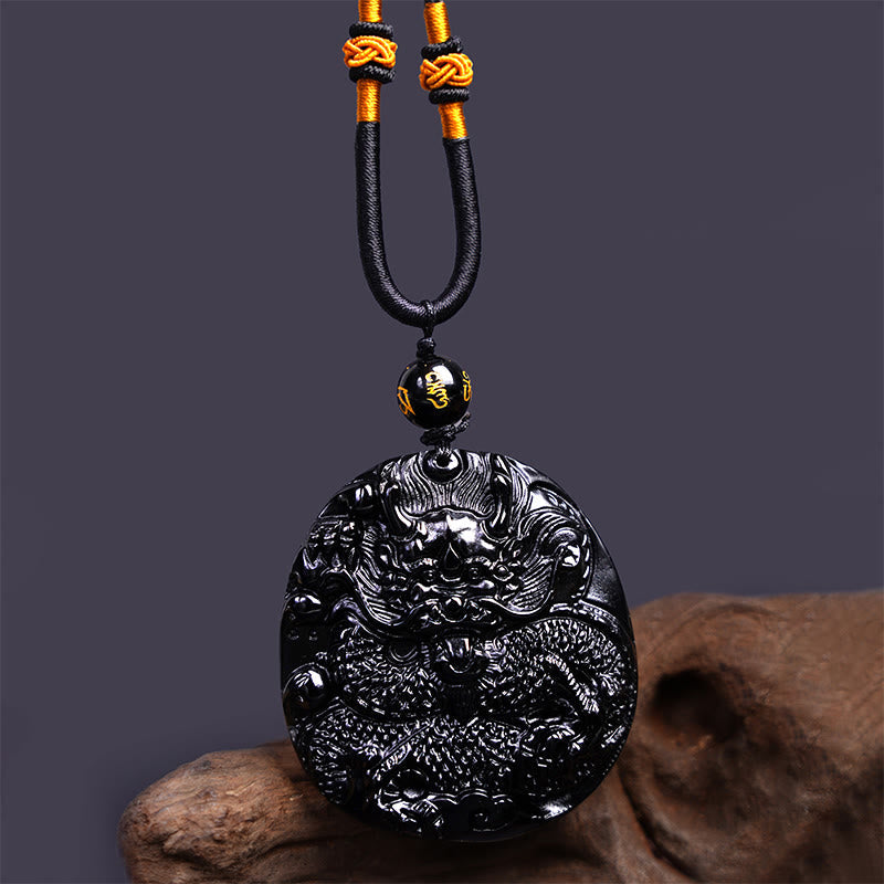 KarmaRipple's Authentic Black Obsidian Round Dragon Carved Protection Pendant Necklace p5