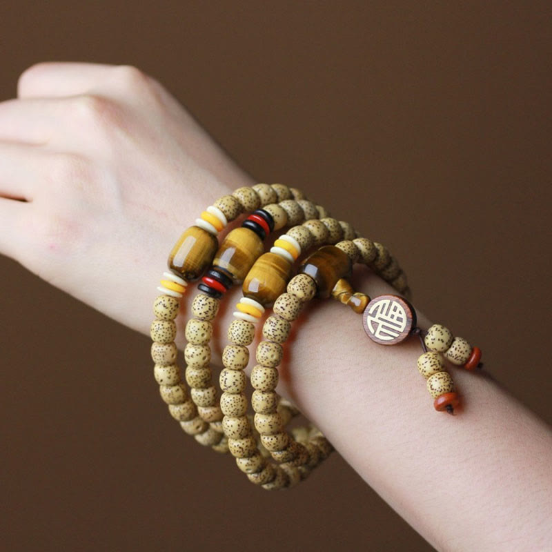KarmaRipple's 108 Mala Beadwork Bodhi Seed Tiger's Eye Fu Character Peace Bracelet p5