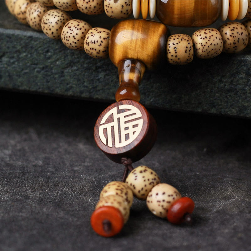 KarmaRipple's 108 Mala Beadwork Bodhi Seed Tiger's Eye Fu Character Peace Bracelet p10