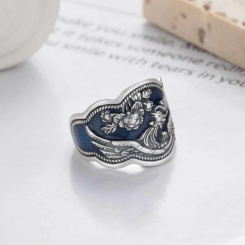 KarmaRipple's 925 Sterling Silver Phoenix Peony Flowers Carved Fortune Adjustable Ring p2