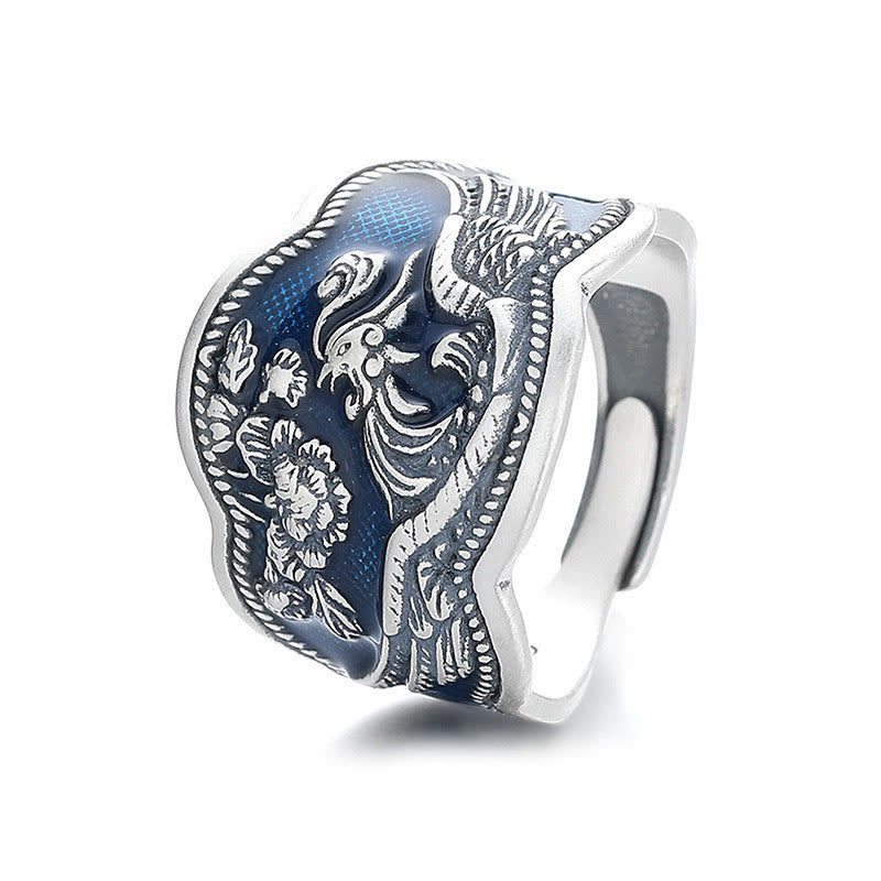 KarmaRipple's 925 Sterling Silver Phoenix Peony Flowers Carved Fortune Adjustable Ring p10