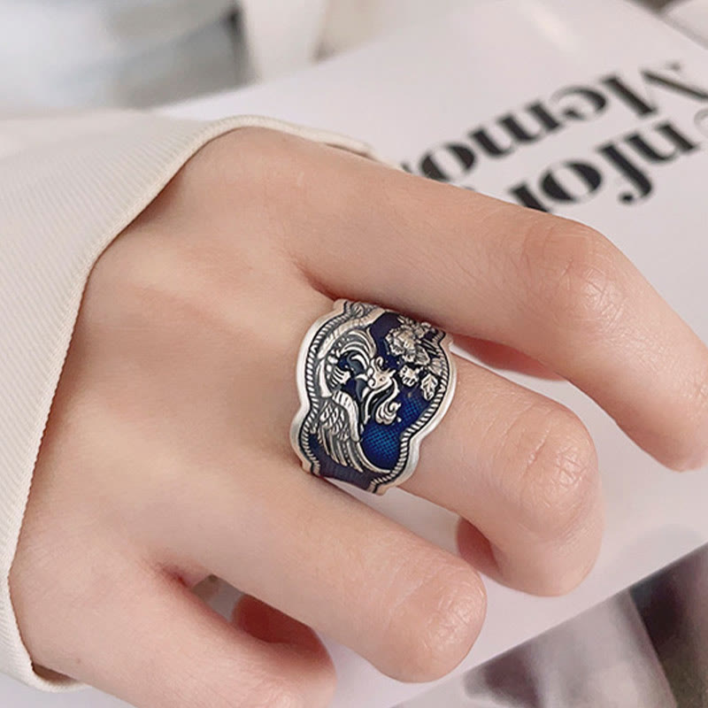 KarmaRipple's 925 Sterling Silver Phoenix Peony Flowers Carved Fortune Adjustable Ring p8