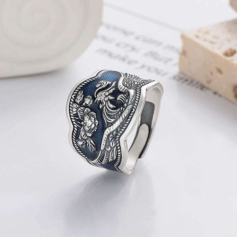 KarmaRipple's 925 Sterling Silver Phoenix Peony Flowers Carved Fortune Adjustable Ring p4