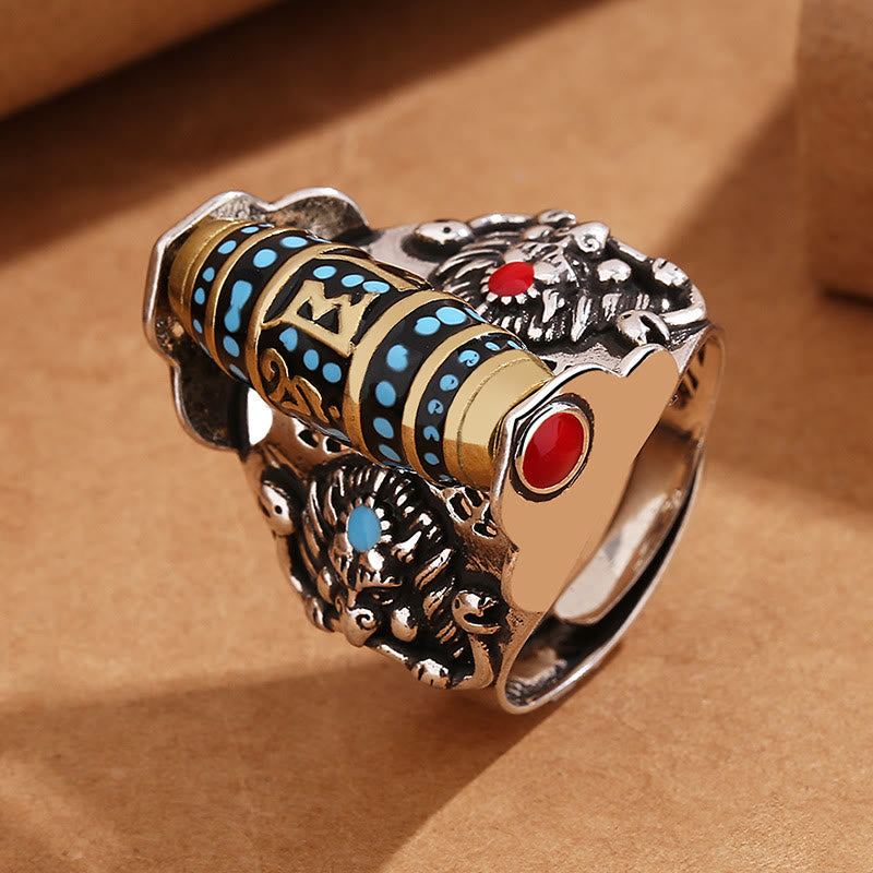 KarmaRipple's Tibetan Om Mani Padme Hum Garuda Dzi Bead Pattern Peace Rotatable Ring p4
