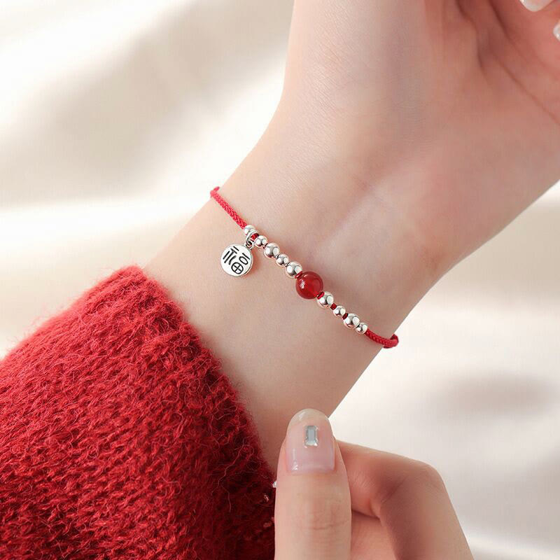 KarmaRipple's Handmade 925 Sterling Silver Fu Character Red Agate Fortune Woven Ultra-Thin Rope Bracelet p9