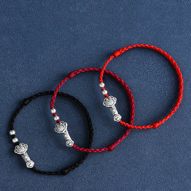 KarmaRipple's Handmade 999 Sterling Silver Fu Character Wish Ruyi Handle Fortune Rope Bracelet Anklet p4